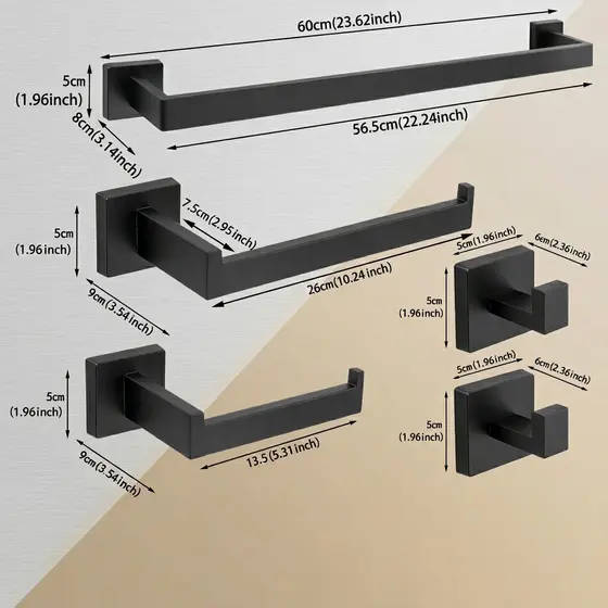 Kit Acessórios Banheiro Alumínio Preto 5 Peças Porta Toalha Papel Higiênico 2 Ganchos Luxo - Fixação com Parafusos