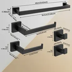 Kit Acessórios Banheiro Alumínio Preto 5 Peças Porta Toalha Papel Higiênico 2 Ganchos Luxo - Fixação com Parafusos