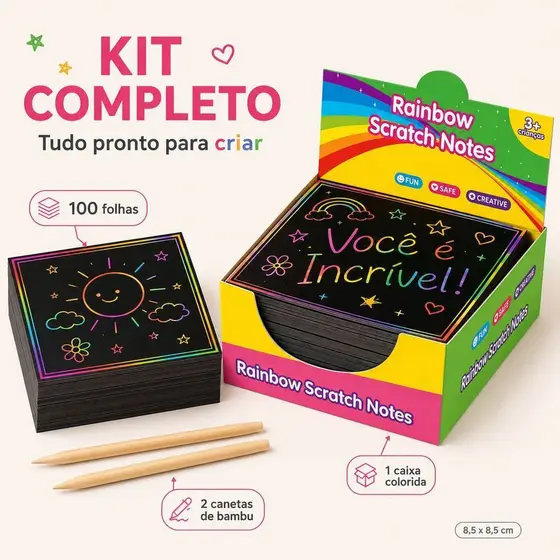 Kit Papel Mágico de Raspar Infantil 100 Folhas Arco-Íris Scratch Art 8,5cm com 2 Canetas de Bambu