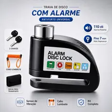 Trava de Disco para Moto com Alarme 110dB Antifurto, Pino 7mm, Cabo Lembrete, 2 Chaves e Bolsa