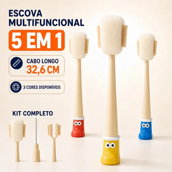 Kit Escova de Limpeza 5 em 1 para Mamadeiras Copos e Canudos Multifuncional Cabo Longo Antiderrapante