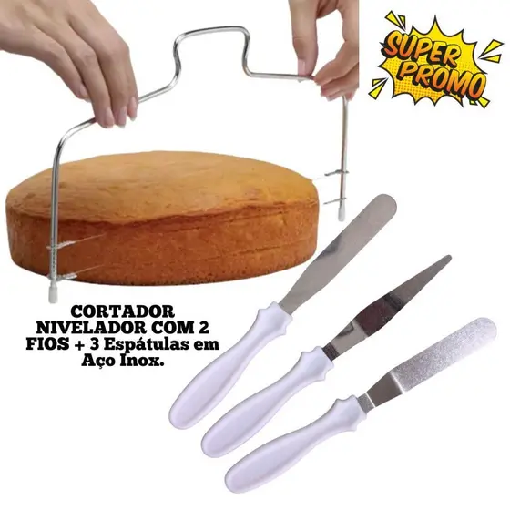 Kit Cortador Nivelador e 3 Espátulas Para Confeitar Fatiar Inox Bolos Alta Qualidade Confeitaria