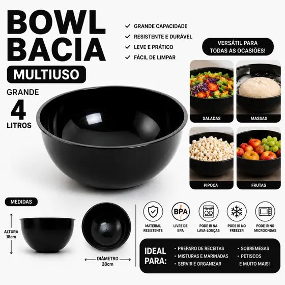 Bowl Bacia Tigela Multiuso Grande 4 Litros para Salada Chantilly Frutas Sobremesa Bolos Pipoca Massa