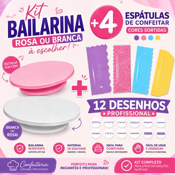 Kit Bailarina Giratória 30cm + 4 Espátulas Sortidas 12 Desenhos Para Confeitaria e Bolos
