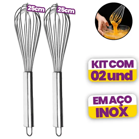 Batedor de Ovos Inox Profissional 25 cm Kit 1 ou 2Unidades para Massas Bolos e Claras Foet Fue