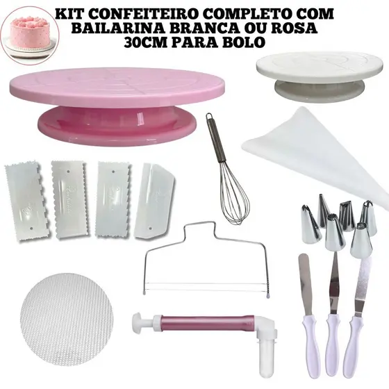 Kit Completo Confeitaria com Bailarina 30cm Giratória Raspador Espátula Saco Confeitar Premium