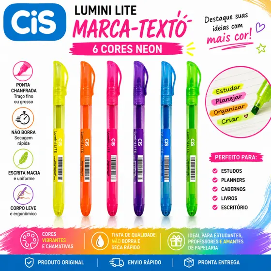 Marca-texto CIS Lumini Lite Neon, kit com 6 cores Neon