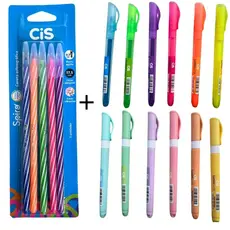 Kit 5 Canetas Spiro + 12 Marca-Textos CIS Neon e Pastel – Escrita Fina + Cores Vibrantes e Suaves