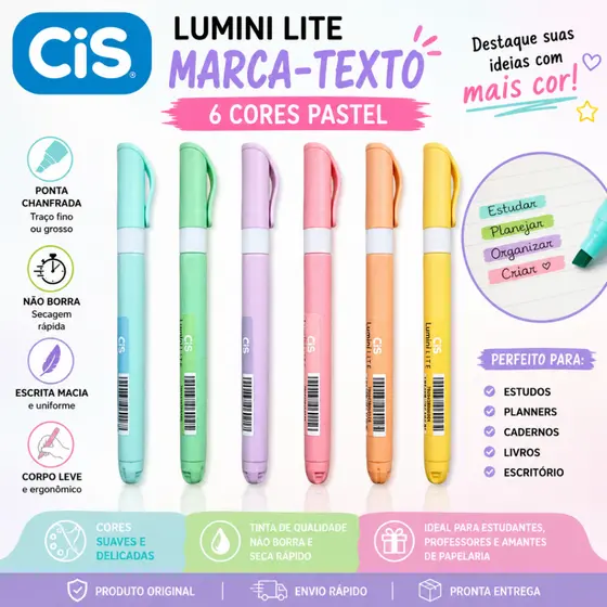 Kit Marca Texto Cis Lumini Lite Pastel kit com 6 Cores