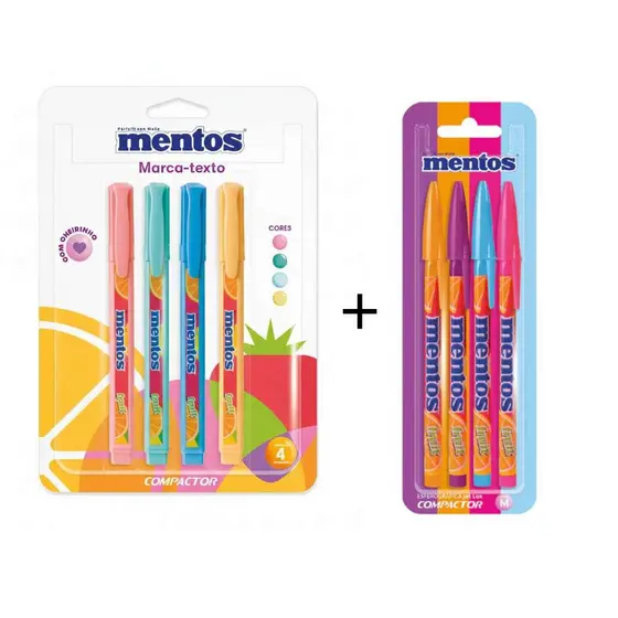 Marca Texto e Caneta Mentos kit com 4 unidades cada