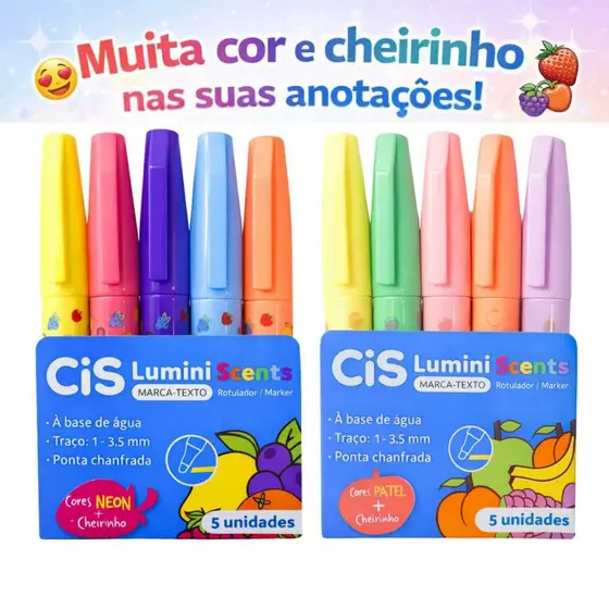 Mini Marca Texto Cis Lumini Perfumado com Cheirinho Scents Cores Neon e Pastel