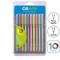 Canetas CIS BPX 0,7mm Ponta Agulha, Escrita Suave, Estojo com 10 Cores