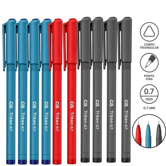 Caneta Esferográfica CIS Triton 0.7mm  Corpo Triangular -  Azul, Preta e Vermelha
