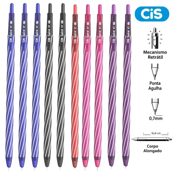 Caneta Esferográfica Retrátil CiS Spiro RT 0.7mm – Traço Fino - 5 Cores