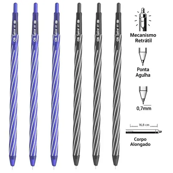 Caneta Esferográfica Retrátil CiS Spiro RT 0.7mm Preta e Azul – Traço Fino e Escrita Suave
