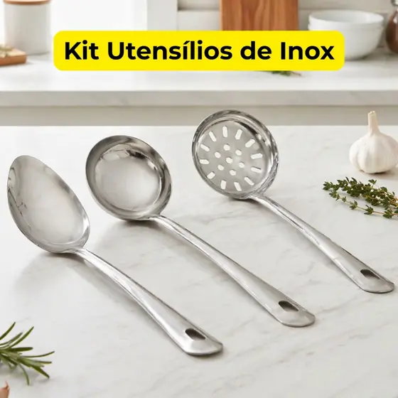 Kit Utensílios Cozinha Inox 3 Peças Concha 23cm Escumadeira 26cm Colher de Arroz 25cm