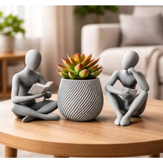 Kit Decoração Estatuetas Leitor + Pensador + Vaso Espiral Moderno Decorativo Para Sala Quarto Escritorio