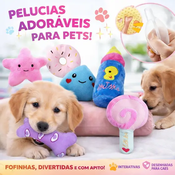 Kit 6 Pelúcias Pet Aleatórias Para Cães Divertido Colorido Brinquedo Mordedor Apito Embutido
