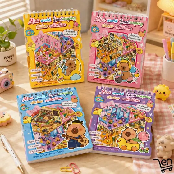Livro Caderno Adesivos 8 Cenários Capivara 3D Cenários + Pinça Fofos Anti Stress Criativo Diy