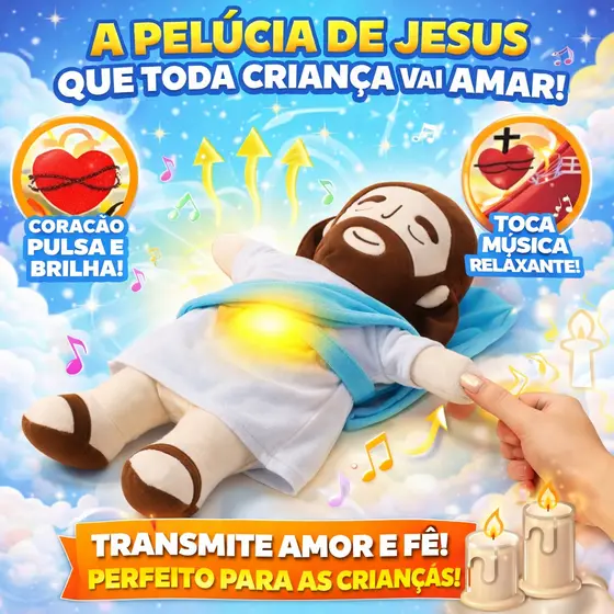 Pelúcia Jesus Cristo Antialérgica Infantil Imita Respiração Brilha e Toca Música Colorida Bordada