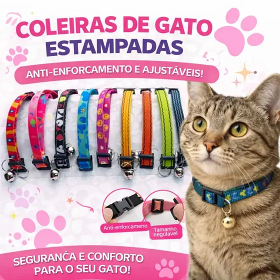 Kit 3/5/10 Coleiras Para Gato Cachorro Pet Ajustável Com Sino Guizo Acessórios Estampas Aleatória