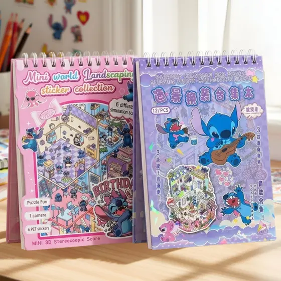 Kit 2 Cadernos de Adesivos 3D Stitch com Pinça 6 Cenários DIY Infantil