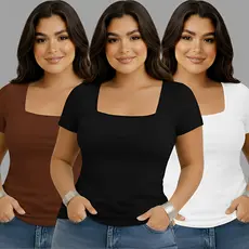 Kit 2 Blusa Feminina Decote Quadrado Manga Curta Suplex Premium