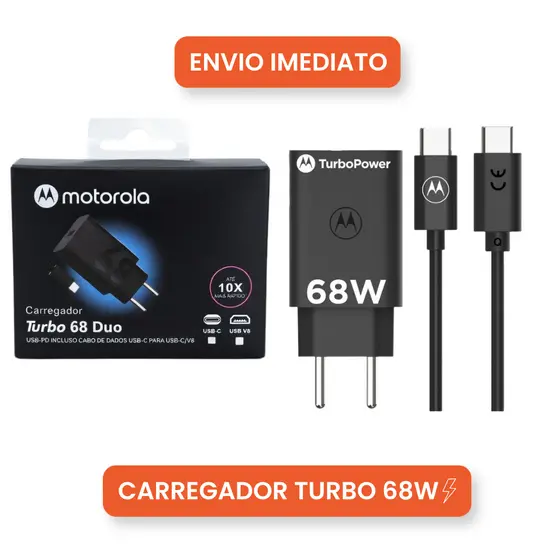 Carregador Motorola Original Turbo Power 68W Tipo C Carga Rápida + Cabo USB-C 1 Metro