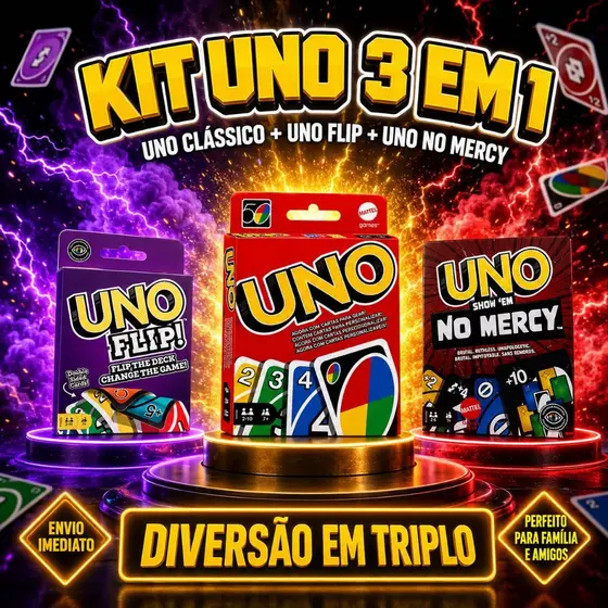 Kit Jogo de Cartas UNO 3 Jogos Completo: UNO Flip + UNO No Mercy 168 Cartas + UNO Clássico Vermelho