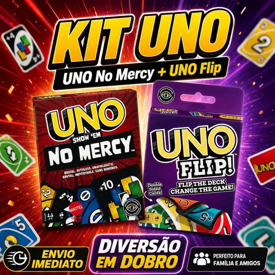 Kit UNO 2 Jogos Completo: UNO Flip Dupla Face + UNO No Mercy 168 Cartas