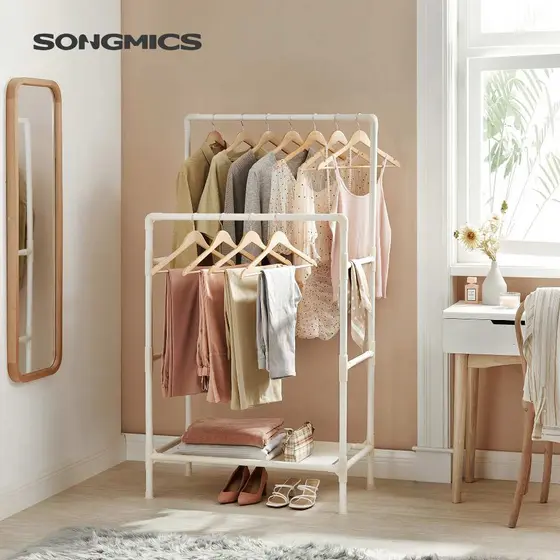 SONGMICS Cabideiro de Metal com 2 Varões, Estante para Roupas, Suporte até 55 kg, Fácil Montagem, Branco