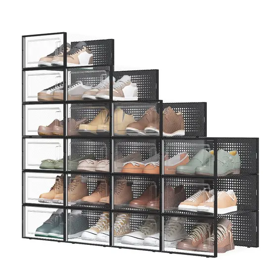 SONGMICS Caixa de sapatos Organizadoras para Tênis, 18 Unidades Empilháveis, Dobráveis, Transparente e preto