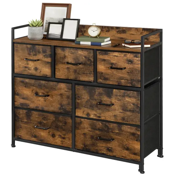 SONGMICS Cômoda de Tecido com 7 Gavetas, Estrutura de Metal, Organizador para Quarto, Alças Práticas, Marrom e Preto