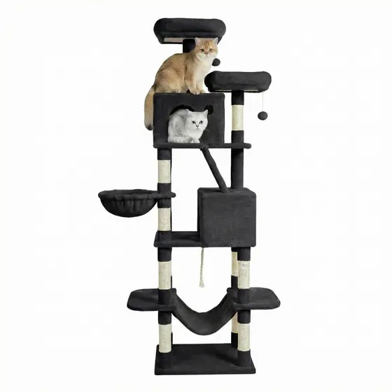 SONGMICS Árvore para Gatos 206 cm de Altura com 13 Postes Arranhadores, 2 Plataformas, 2 Tocas, Cesta, Rede, preto