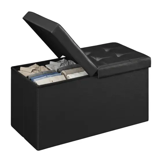 SONGMICS Banco Baú Estofado com Tampa Rebatível, Puff de Armazenamento, para Sala, Quarto, Couro Sintético, Preto