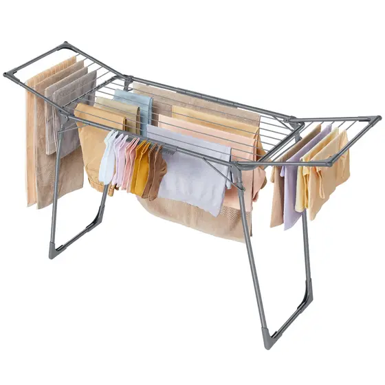SONGMICS Varal de roupas 56,5 x 173 x 96,5 cm, dobrável com abas, compacto, com prendedores, estrutura metálica, cinza