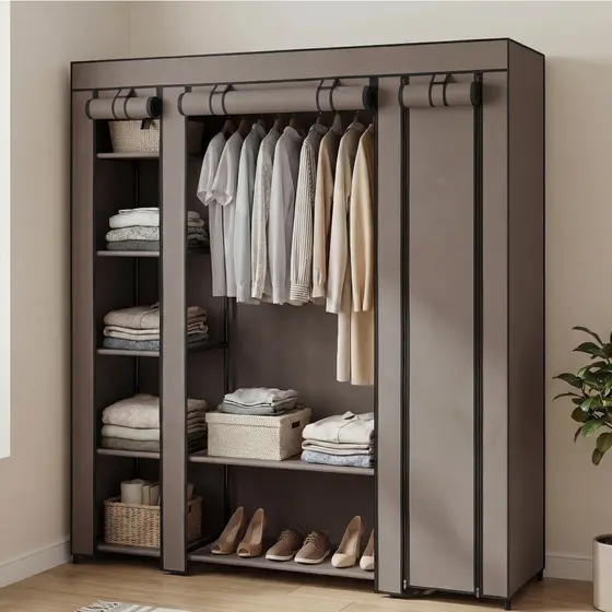 SONGMICS Guarda Roupa Dobrável 3 Divisórias, armário com 12 prateleiras e barra para roupas, estrutura de metal