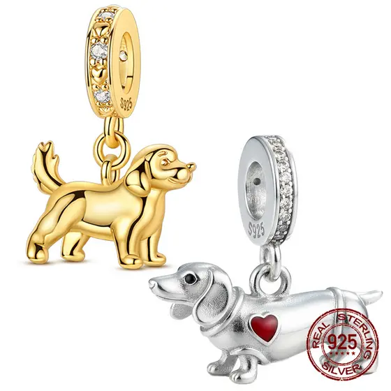 Charms Berloque Venda Quente Dachshund Encantos 925 Prata Esterlina Golden Retriever Filhote De Cachorro Balançar
