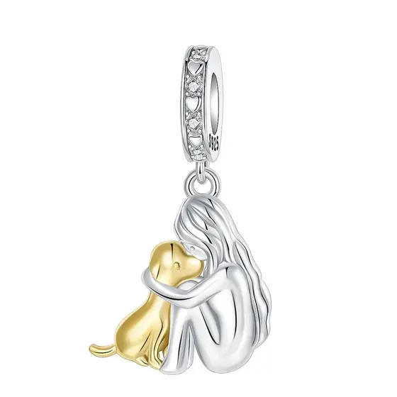 Charms Berloque Menina E Cachorro Abraçando Balançar Charme S925 Prata Esterlina Dois Tons Pingentes Caber Pulseira