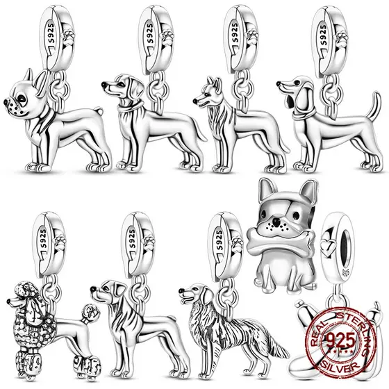 Charms Berloque 925 Prata Cão Encantador Buldogue Francês Poodle Alemão Beagle Dachshund Pingents Caber Pulseiras DIYJew