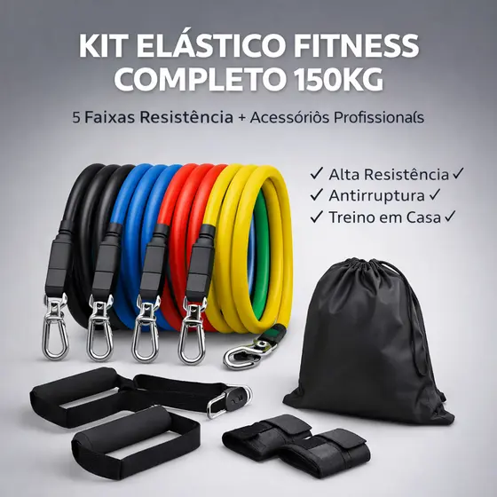 Kit Extensores Elásticos Completo Até 150kg com 5 Faixas de Resistência para Treino em Casa