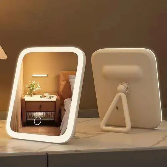 Espelho de Maquiagem LED Portátil com Luz 3 Tons Recarregável USB Controle por Toque Dobrável
