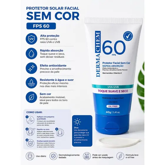 Protetor Solar Facial FPS 60 Dermachem Sem Cor Toque Seco Anti Oleosidade  UVA UVB Alta Proteção  Anti Idade Niacinamida