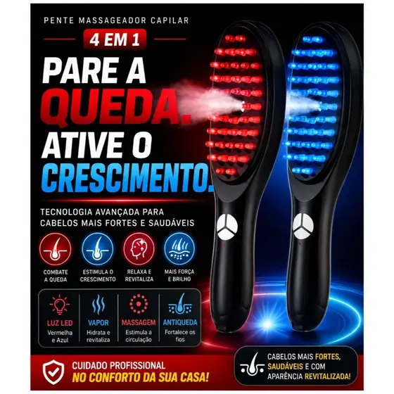 Escova Massageadora com Laser 4 em 1 – Tratamento Capilar e Antiqueda