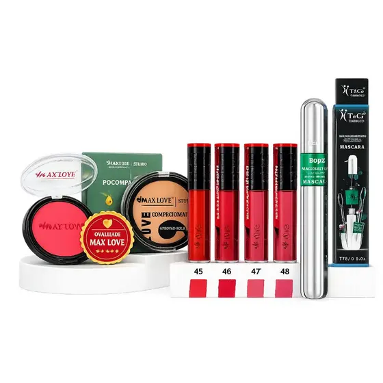 Kit Maquiagem Max Love Original Completo Blush Matte Pó Compacto Batom Líquido Matte 24h Máscara de Cílios Kit Presente