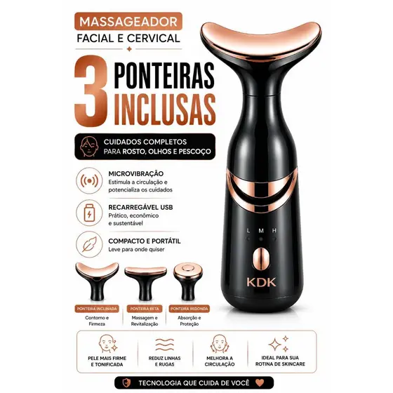 Massageador Facial e Cervical Recarregável USB 3 Ponteiras Microvibração para Rosto Olhos e Pescoço Skincare