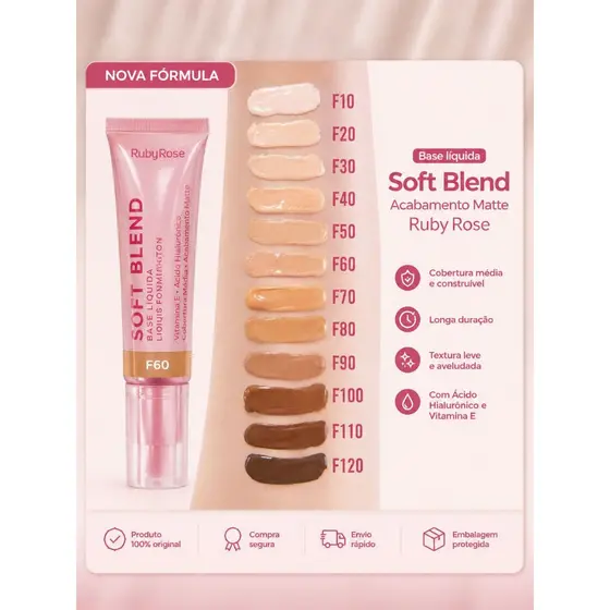 Base Líquida Ruby Rose Soft Blend com Acabamento Matte 30g