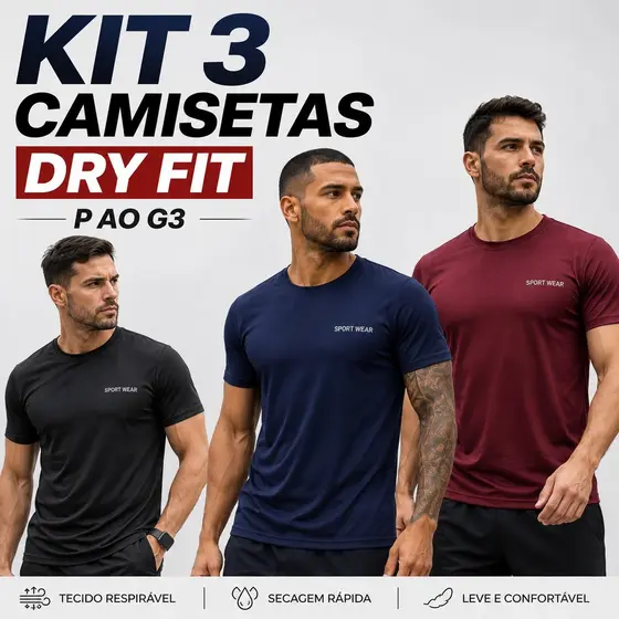 Kit 3 Peças Camisetas Dry Fit Masculina Furadinha Premium Academia Corrida Treino Esporte Plus Size P ao G3