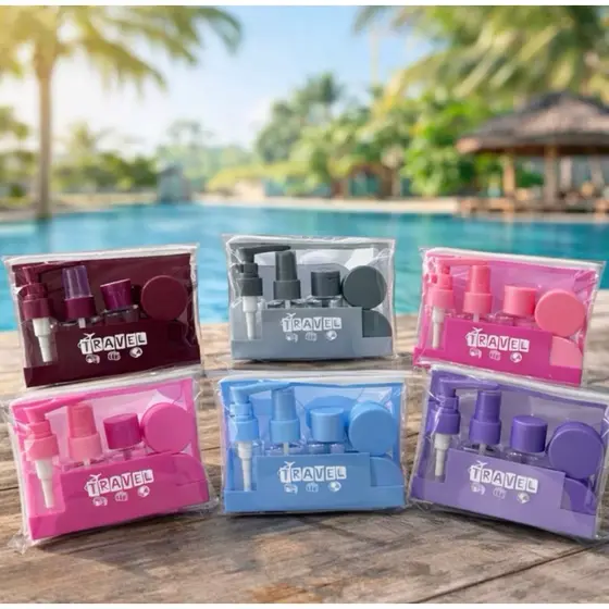 20 Kits Frascos Viagem 5 Peças + Necessaire Transparente Cores Sortidas Ideal para Mala e Avião