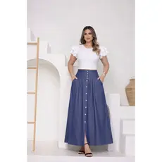 Saia Longa Evasê Cintura Alta Feminina com Bolso e Botões – Moda Elegante E Confortável